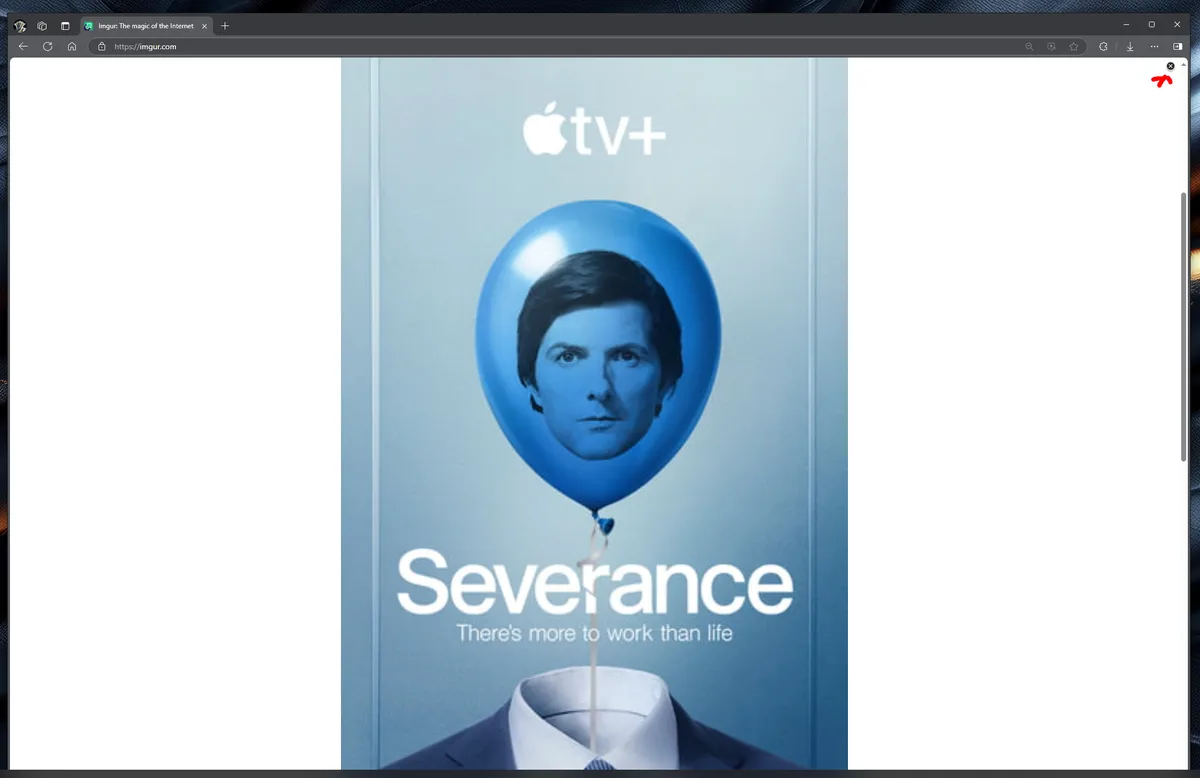 The image displays a promotional poster for the Apple TV+ show 'Severance,' featuring a blue balloon with a man's face…