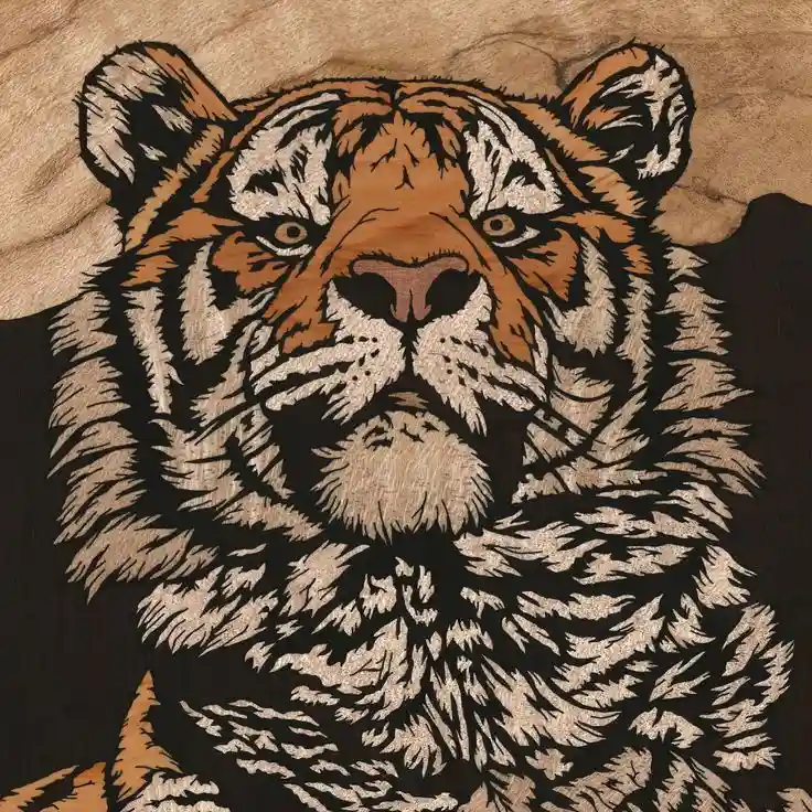 A stylized, wood-carved or wood-grain textured illustration of a tiger's face, rendered in browns, blacks, and creams…