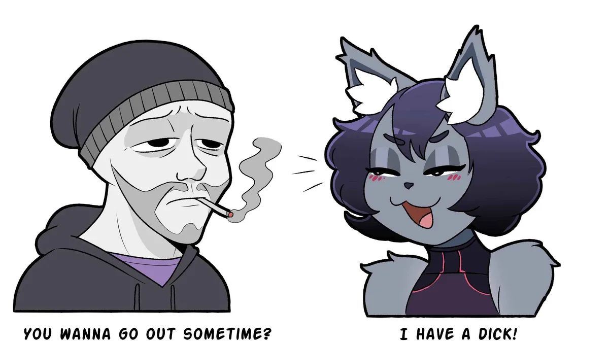 A grayscale cartoon man in a beanie and hoodie smokes a cigarette while asking 'YOU WANNA GO OUT SOMETIME?' beside a…