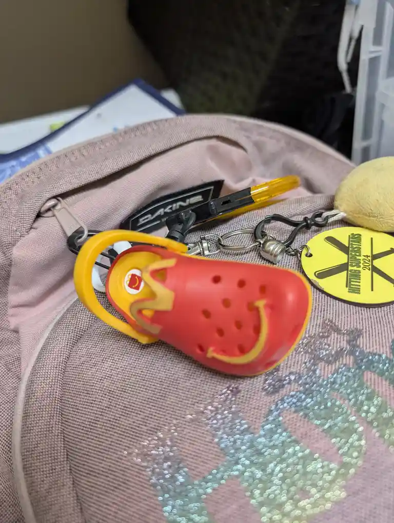 A close-up photo shows a pink backpack with various keychains attached, including a small red and yellow McDonald's-themed…