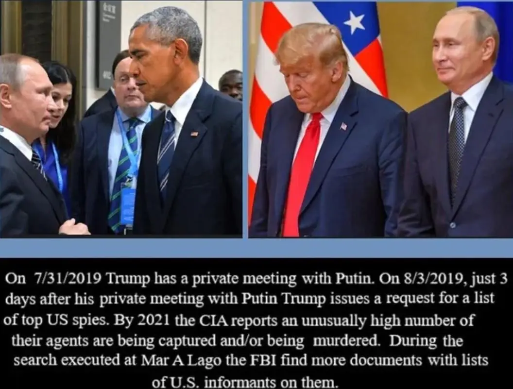 The image is split into two panels. The left panel shows Barack Obama speaking to Vladimir Putin, with other people in the…