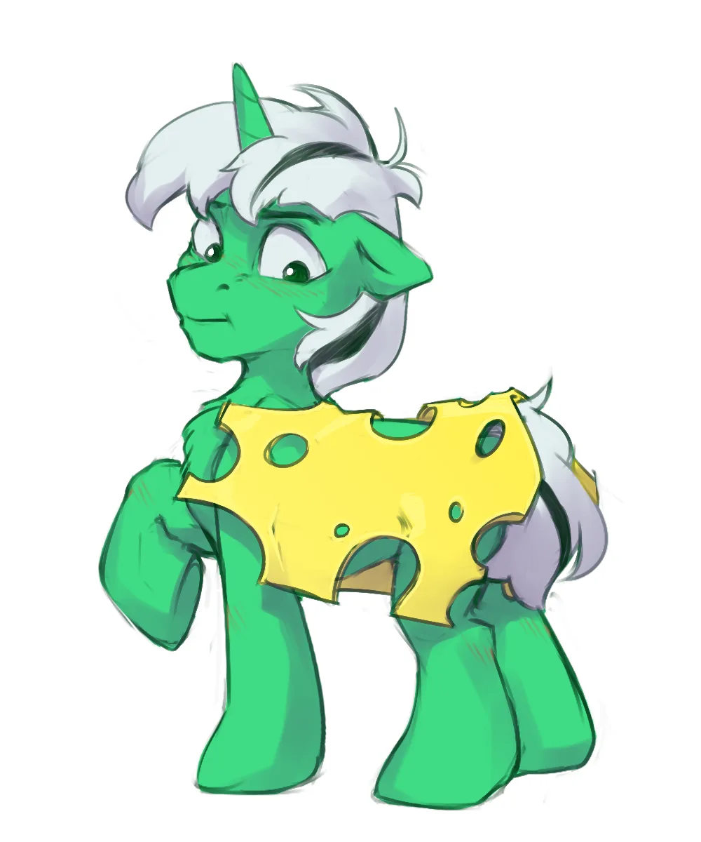 A green cartoon pony with white hair and a green horn wears a yellow cheese-shaped top with holes. The pony has a smug…