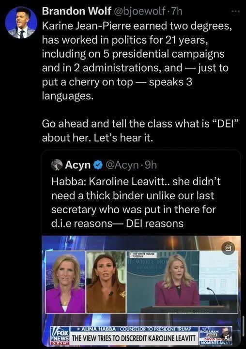 A screenshot of a Twitter thread shows Brandon Wolf listing Karine Jean-Pierre's credentials, then asking for a definition…