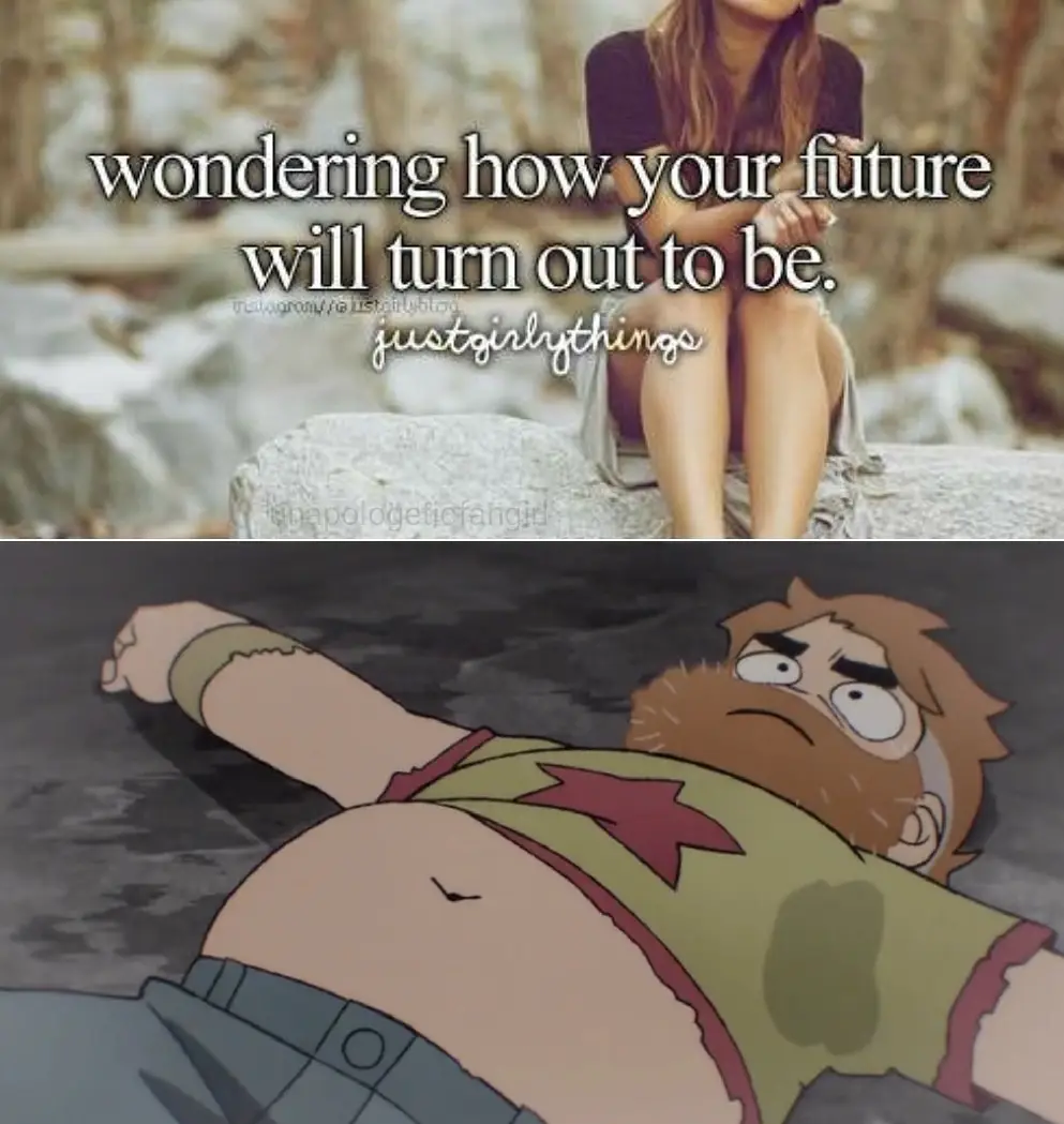 The top panel shows a young woman sitting on a rock in a natural setting, overlaid with the text 'wondering how your future…