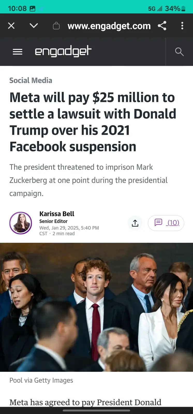A screenshot of an Engadget article headline about Meta paying $25 million to settle a lawsuit with Donald Trump over his…