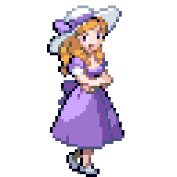 A pixel art character with blonde hair, wearing a purple dress and a matching hat with a white ribbon, stands with arms…