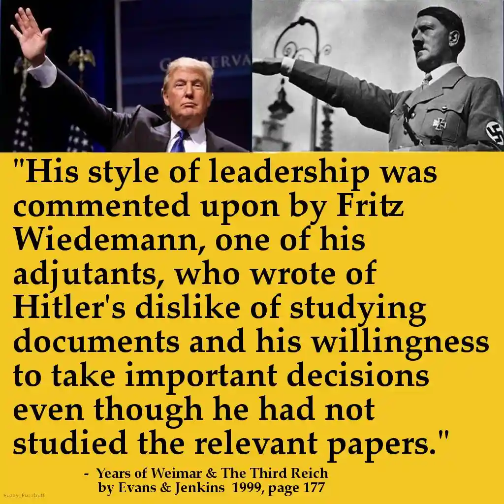 The image is a split-screen meme. On the left, Donald Trump raises his right hand in a gesture resembling a salute. On the…