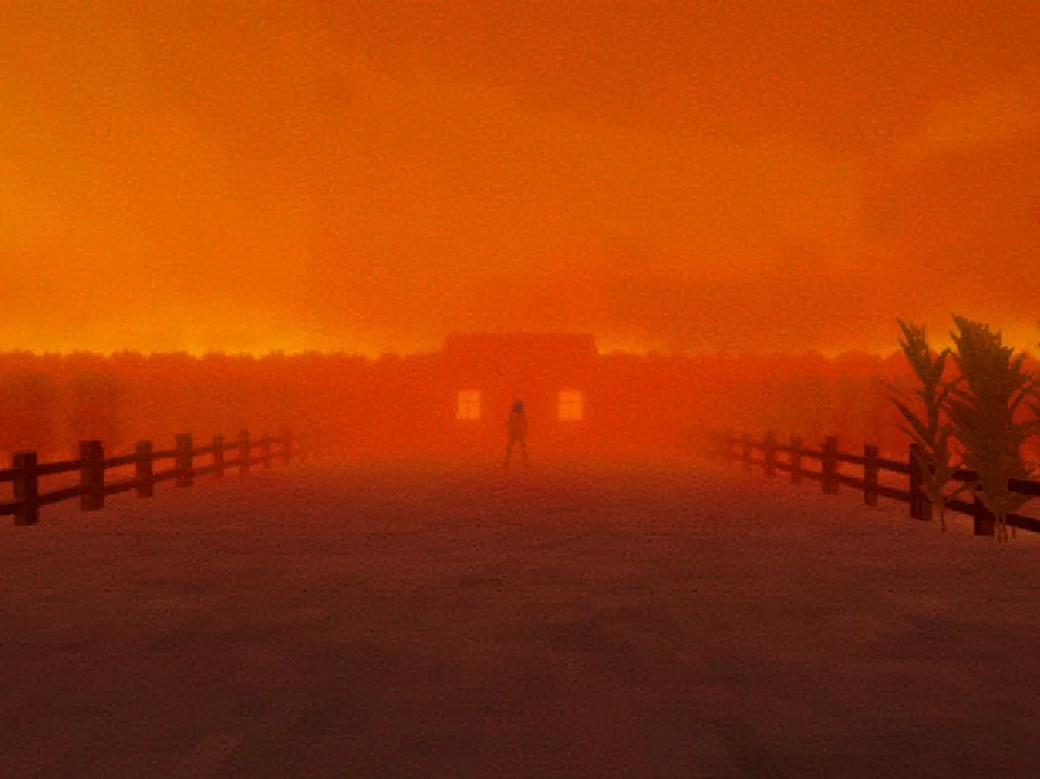 A screenshot from a video game shows a lone figure standing in front of a house under an intense orange, hazy sky, flanked…