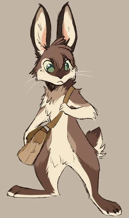 An anthropomorphic rabbit with brown and white fur, green eyes, and large ears stands upright holding a brown shoulder bag…
