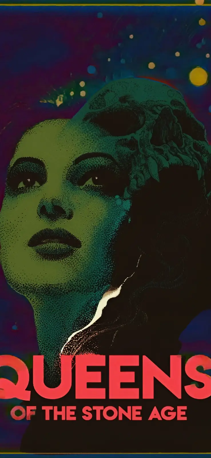 A stylized poster features a woman's face with a skull superimposed over her right side, set against a cosmic background…