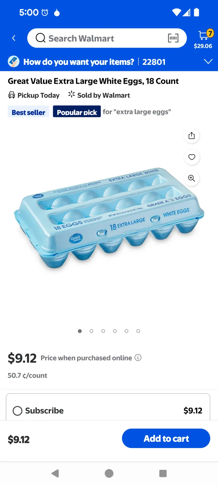 A screenshot of a Walmart online shopping page for 'Great Value Extra Large White Eggs, 18 Count' priced at $9.12, with…
