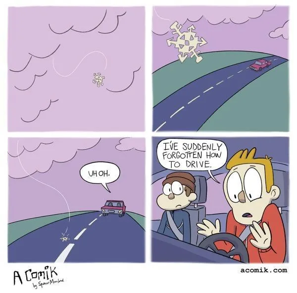 A four-panel comic strip shows a car driving on a road under a purple sky. A snowflake appears in the sky, then falls onto…