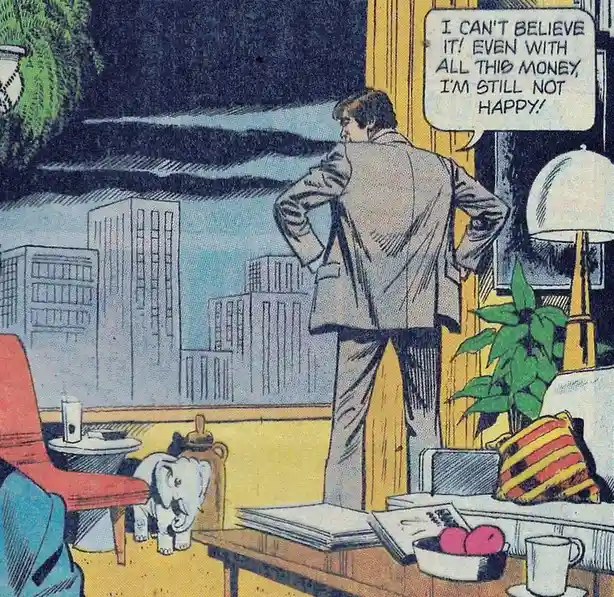 A man in a suit stands with his back to the viewer in a luxurious room overlooking a city, exclaiming in a speech bubble…