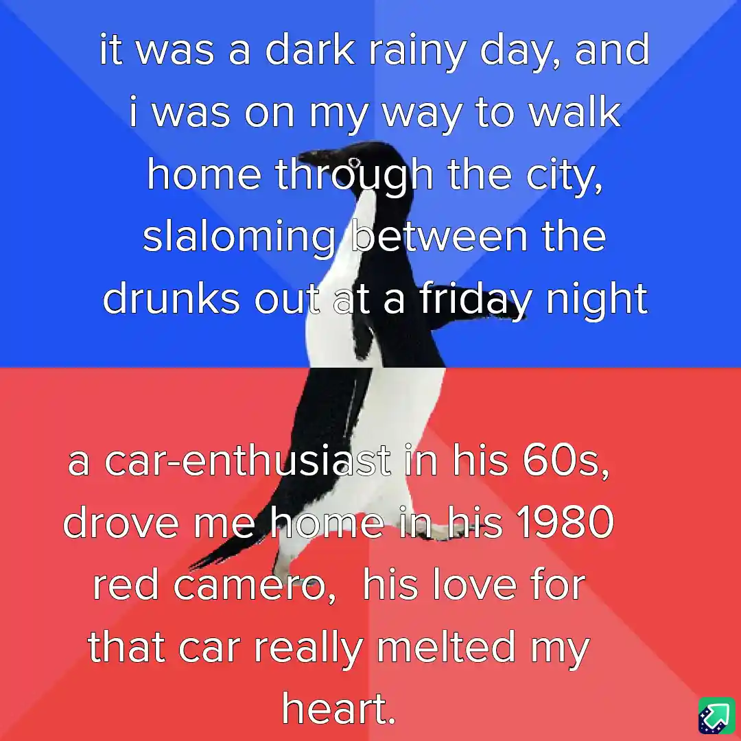 A penguin walks across a split background of blue and red, with white text overlaid in two sections. The top text reads: 'it…