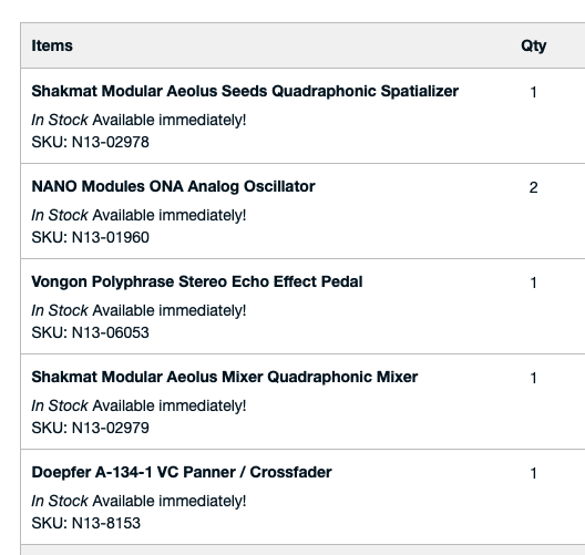 A screenshot of an online store's order confirmation page listing five obscure electronic music gear items, each with a 'In…