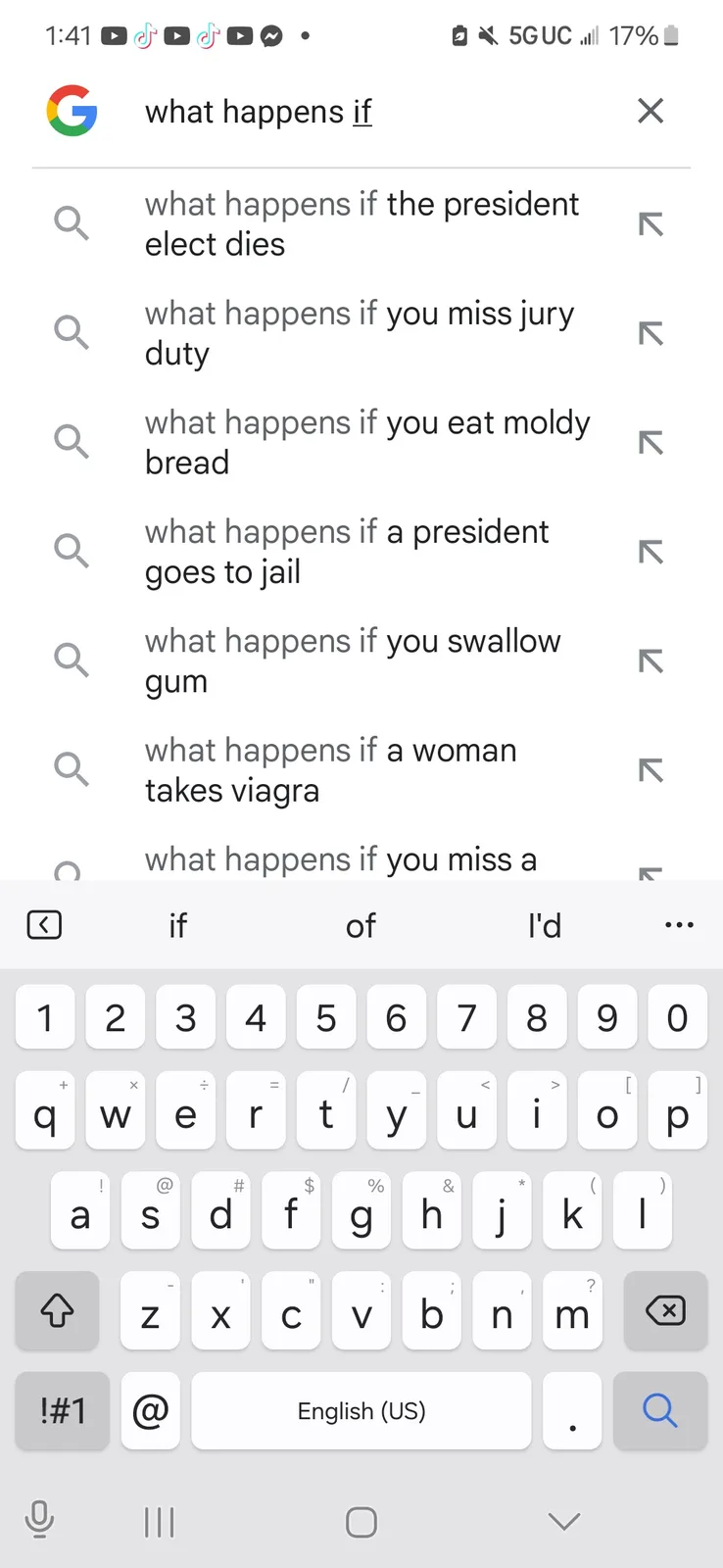 A smartphone screenshot shows a Google search bar with the partial query 'what happens if' typed in, and a list of…