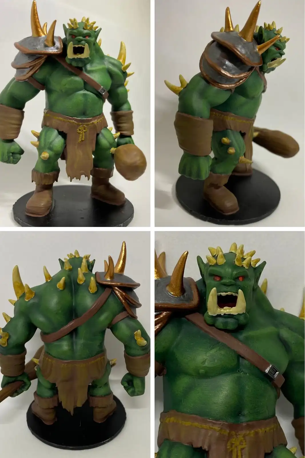 Four images show a green, muscular, horned monster figurine from different angles: front, back, side, and close-up of the…