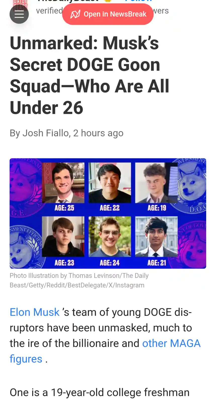 A news article screenshot shows a photo illustration of six young men, each labeled with their age (25, 22, 19, 23, 24, 21)…