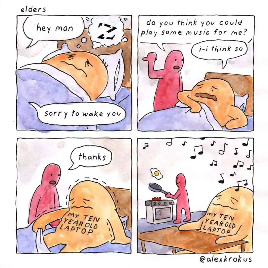 A four-panel comic shows a pink figure waking an orange, sleeping figure labeled 'elders'. The pink figure asks to play…