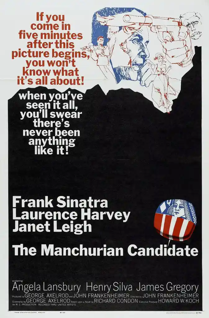 This is a vintage movie poster for 'The Manchurian Candidate' featuring stylized illustrations of characters, including a…