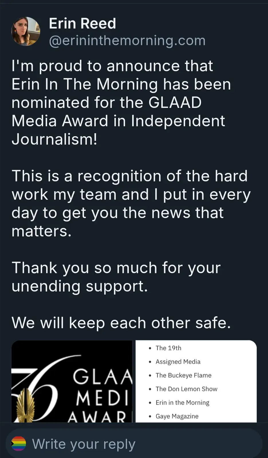 A screenshot of a tweet from Erin Reed announcing her show 'Erin In The Morning' was nominated for a GLAAD Media Award. The…