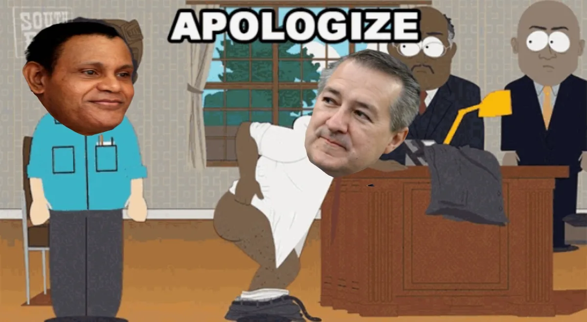 A courtroom scene from South Park with a man in a blue shirt standing, a man in a white shirt kneeling with his head bowed…