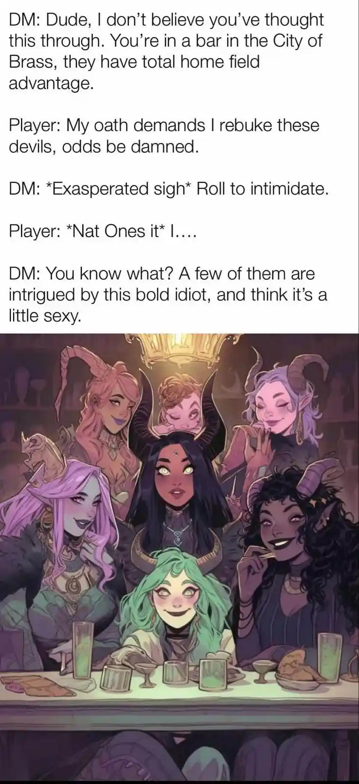 The image shows a group of seven demonic-looking women with horns, various hair colors, and pointed ears, sitting at a bar…