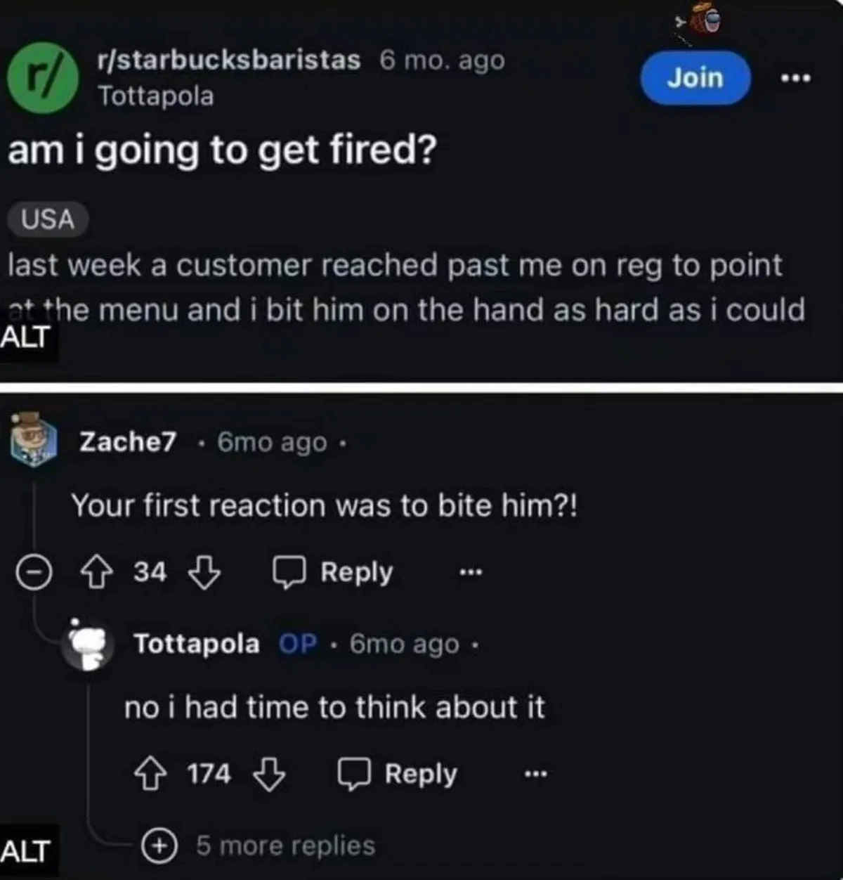 A Reddit post from r/starbucksbaristas shows a user named Tottapola asking if they'll get fired for biting a customer who…