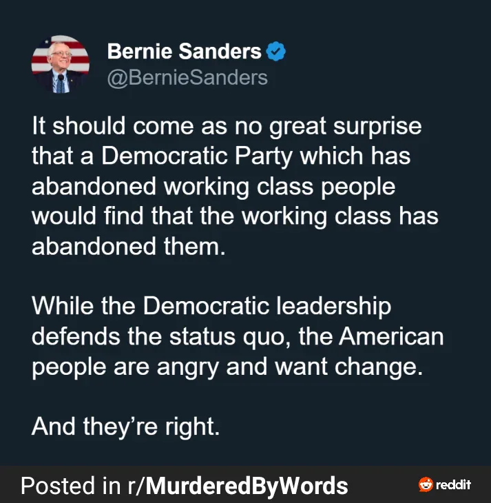 A screenshot of a tweet from Bernie Sanders' official Twitter account, featuring his profile picture and a dark background…