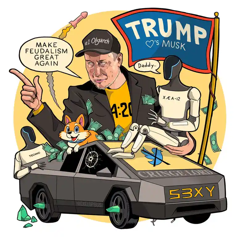 A cartoon of Elon Musk wearing a '#1 Oligarch' cap, sitting in a Tesla Cybertruck filled with money, a corgi, and two robots…