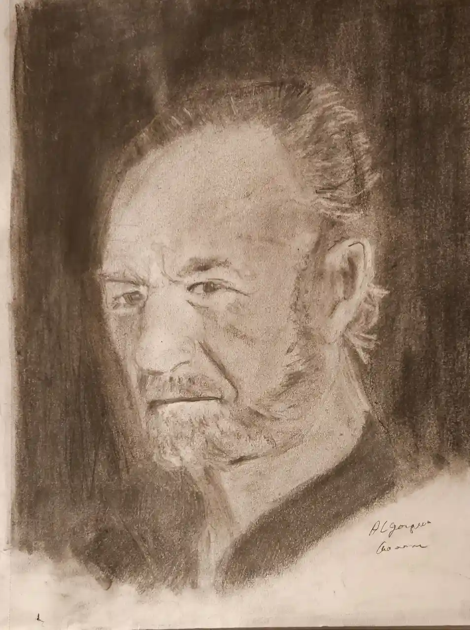 A sepia-toned charcoal sketch of an elderly man with a stern expression, receding hairline, and a goatee, looking slightly…
