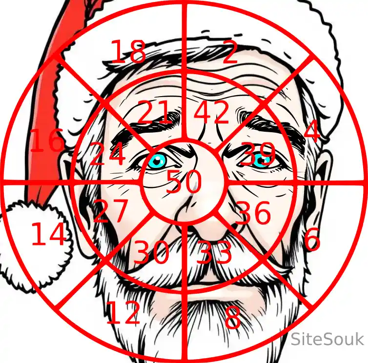 A cartoon illustration of Santa Claus's face is overlaid with a red sniper scope reticle, with numbers like 50, 42, 39, 36…