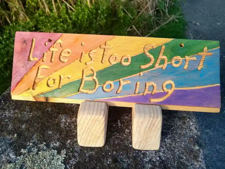 A hand-carved wooden sign with rainbow-colored paint displays the phrase 'Life is too short for boring' in raised lettering…