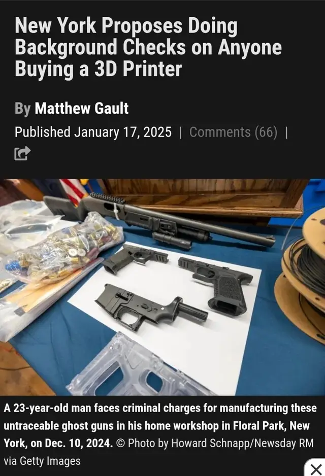 An image of a news article headline about New York proposing background checks for 3D printer buyers, overlaid on a photo…
