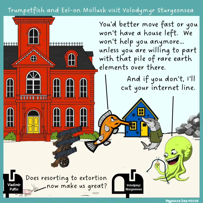 A cartoon depicts two sea creatures, a trumpetfish and an eel-on mollusk, threatening a small blue house with cannons and a…