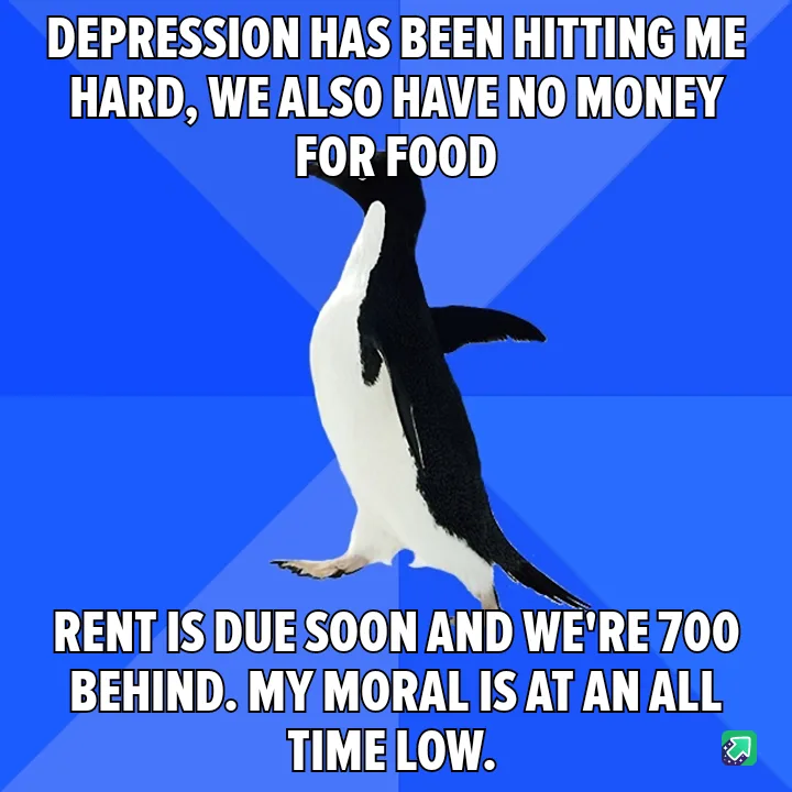 A black-and-white penguin stands upright against a blue background, with bold white text overlaid in two sections. The top…