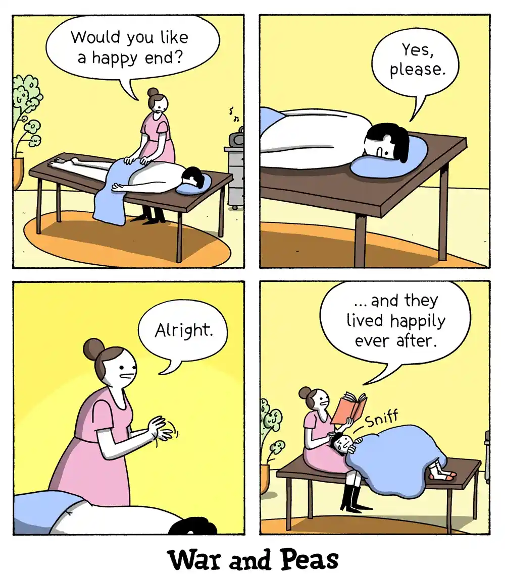 A four-panel comic strip shows a masseuse asking a client if they want a 'happy end' during a massage. The client agrees…