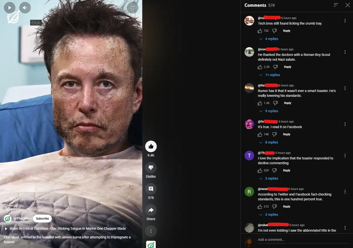 The image shows a screenshot of a YouTube video interface with a thumbnail of Elon Musk covered in dark specks, appearing to…