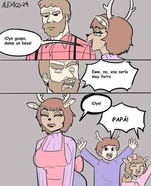 A three-panel comic strip shows a woman with deer antlers asking a man with a beard for a kiss. He recoils in disgust…