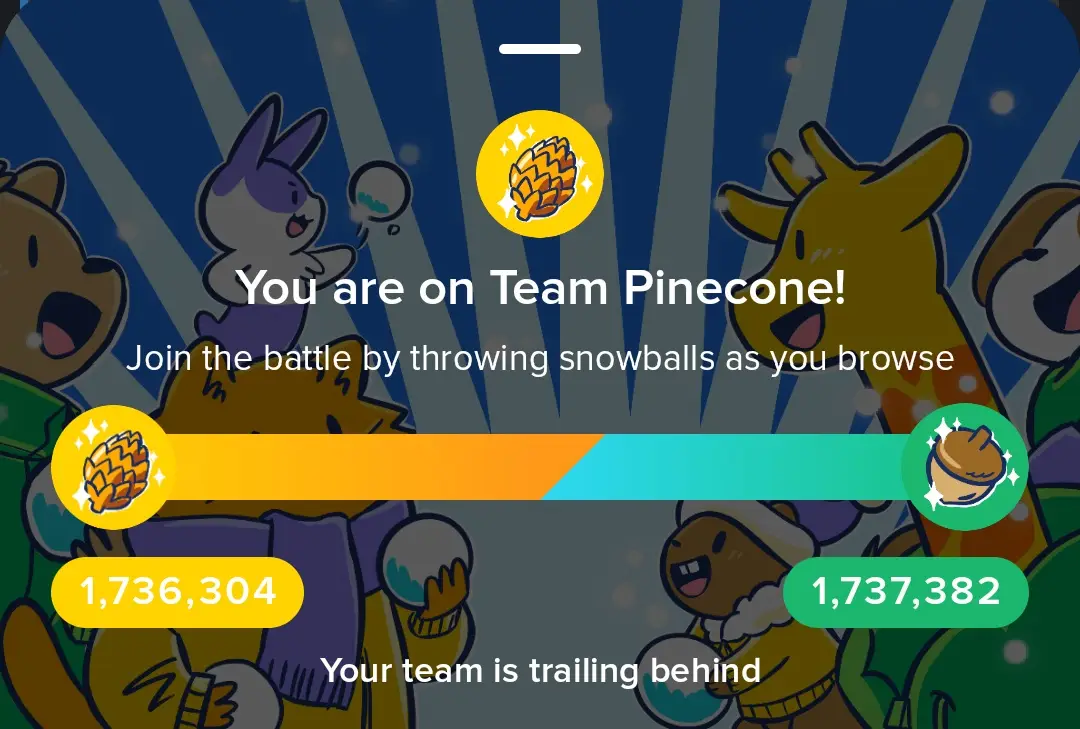 A screenshot from a mobile game shows a scoreboard with two teams: Team Pinecone (yellow) at 1,736,304 points and Team Acorn…