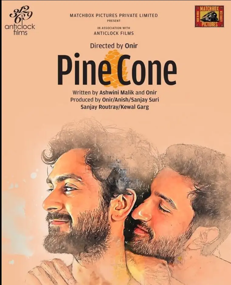 The image is a movie poster for 'PineCone,' featuring two men in an intimate pose with one resting his head on the other's…