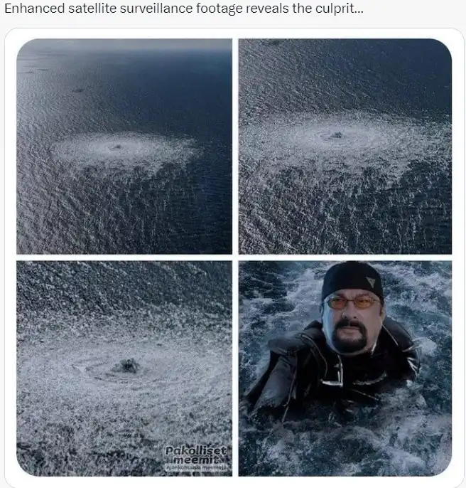 The image is a four-panel meme. The top-left and top-right panels show a satellite view of a circular disturbance on dark…