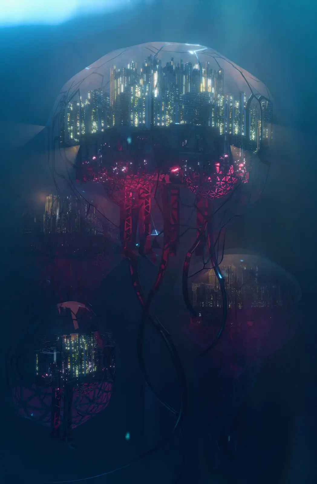 A futuristic, sci-fi image depicts several glowing, dome-shaped habitats floating in a dark, blue-hued void. Each dome…