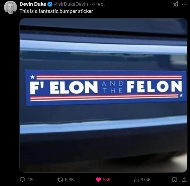 A close-up photo of a bumper sticker on a dark vehicle, styled like a political campaign sign with a blue background, white…