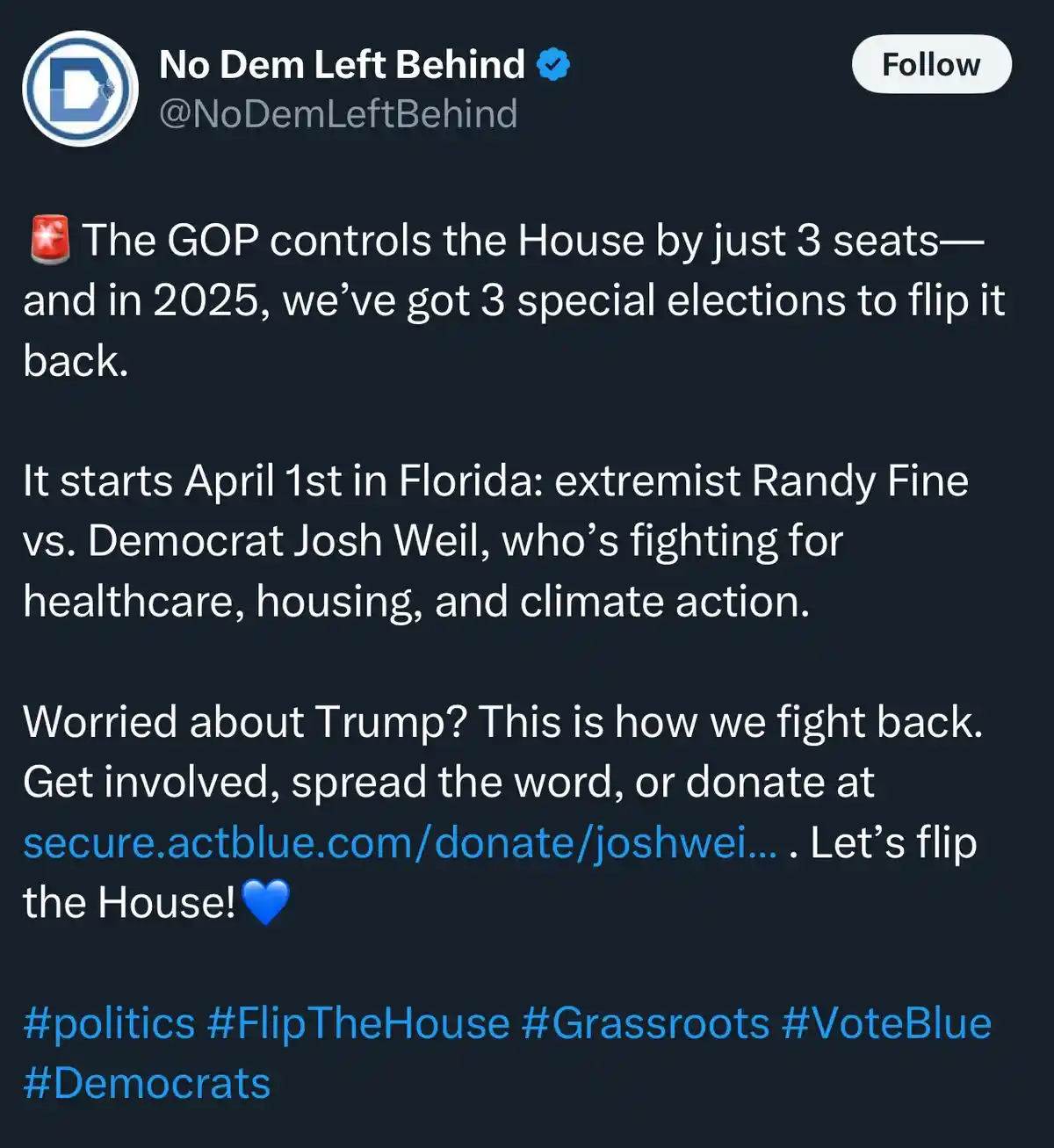 A screenshot of a tweet from the verified Twitter account 'No Dem Left Behind' (@NoDemLeftBehind) with a dark background and…