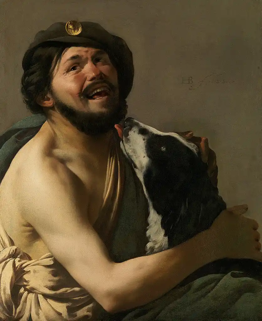 A classical painting depicts a bearded man in a dark cap and draped cloth, smiling broadly while holding a black-and-white…