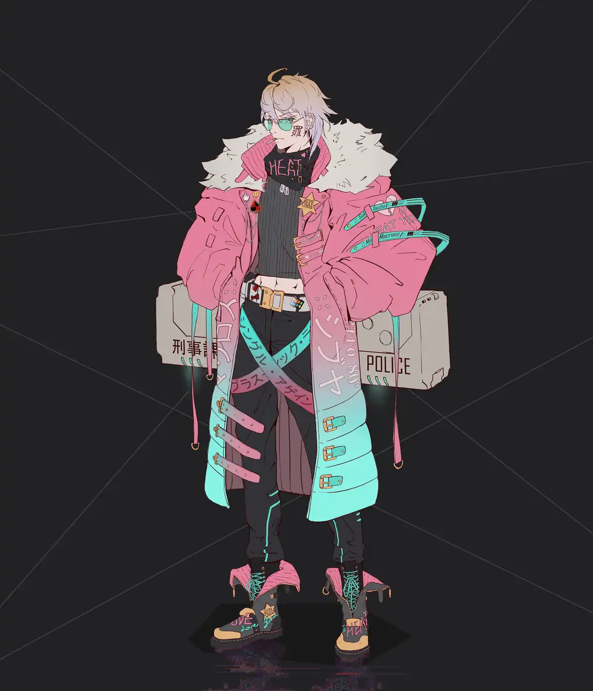 An anime-style character with light-colored hair and green sunglasses stands confidently, wearing a heavily customized pink…