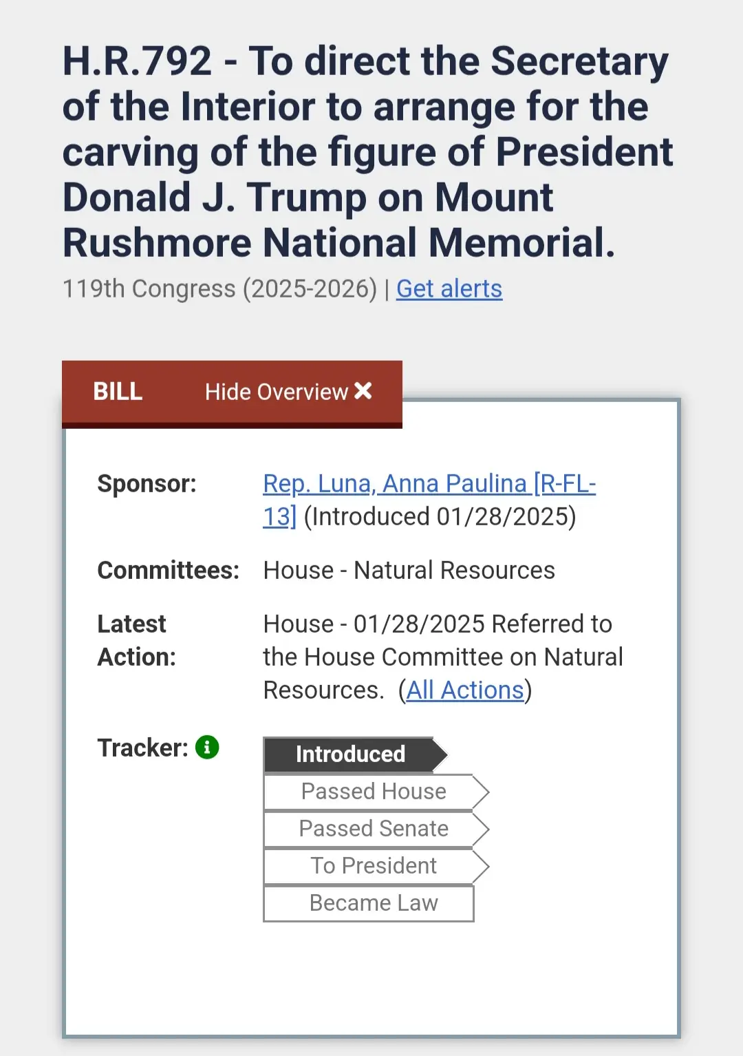 A screenshot of a U.S. Congress bill page for H.R.792, which proposes carving President Donald J. Trump's figure onto Mount…