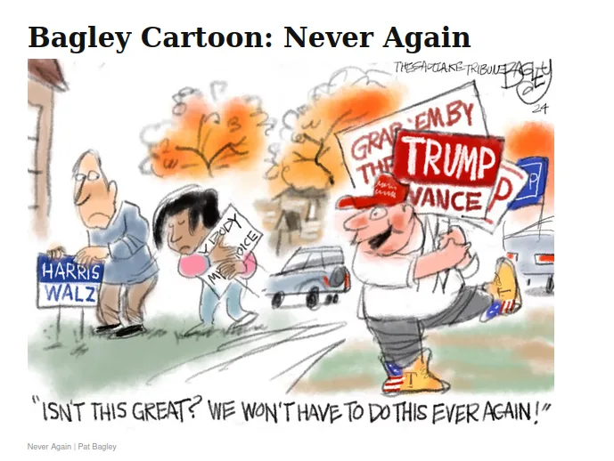 A political cartoon shows two people holding 'HARRIS WALZ' and 'VERITY MY VOICE' signs, while a larger, jubilant man in a…