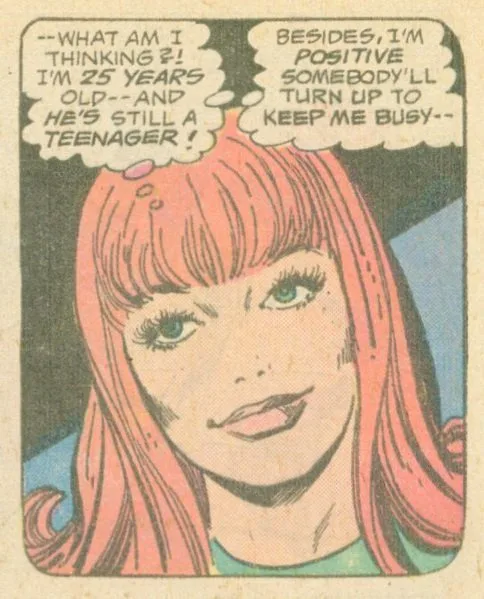 A vintage comic book panel shows a woman with long red hair and green eyes looking slightly flustered. Two speech bubbles…